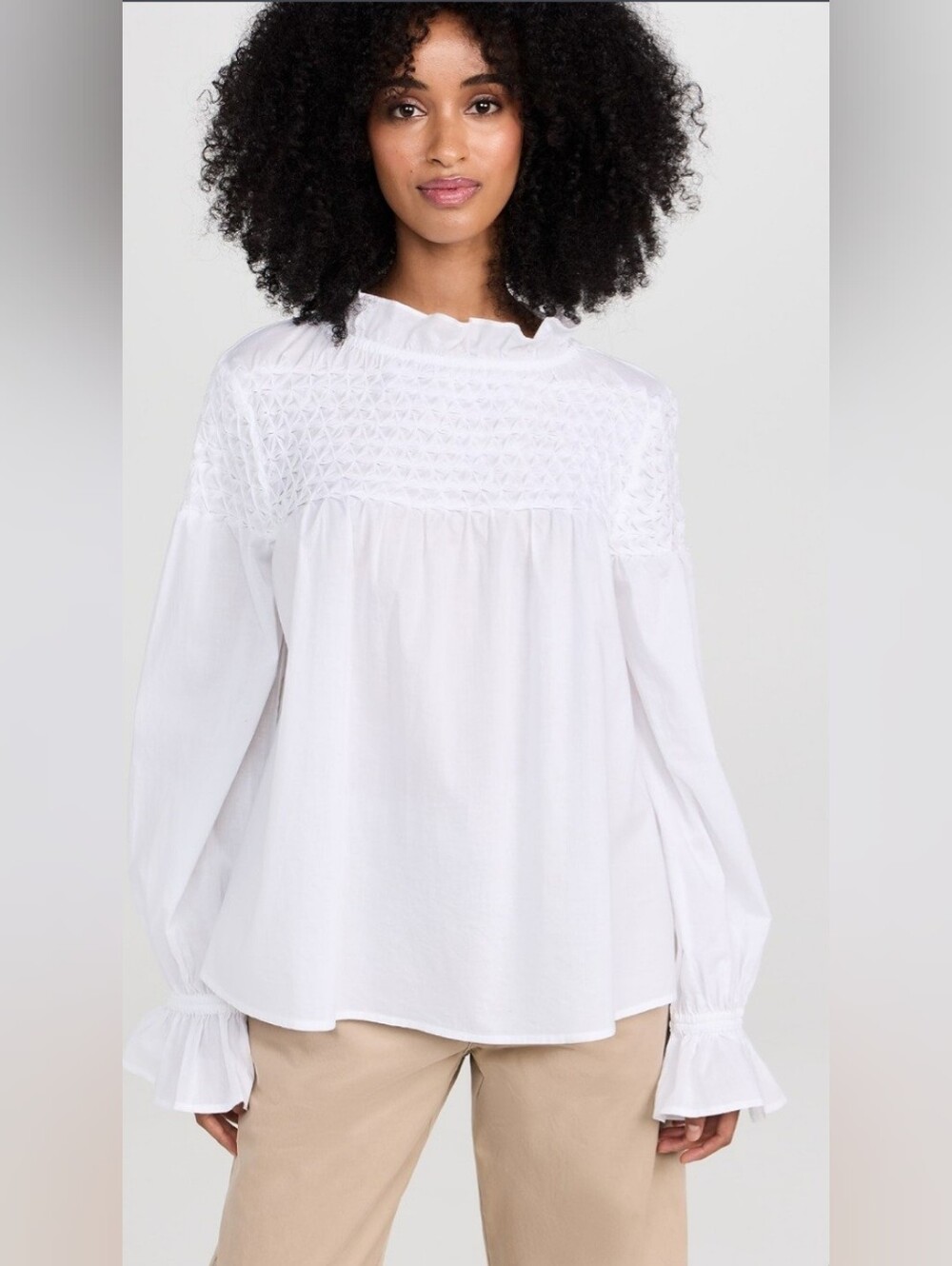 NWT Merlette Majorelle White Top Pullover Ruffle Smocked Neckline Blouse Size M